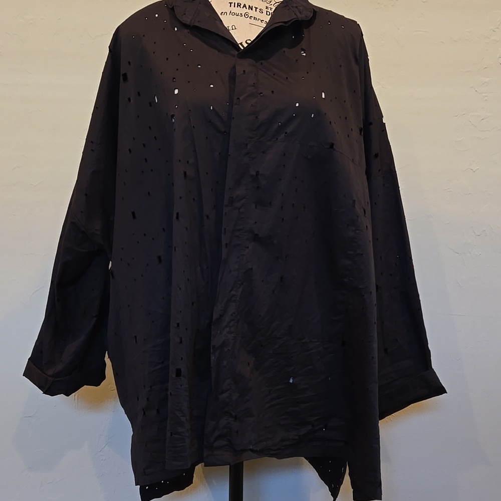 Planet By LAUREN G Oversized 100%cotton Button Down Hi Low Top